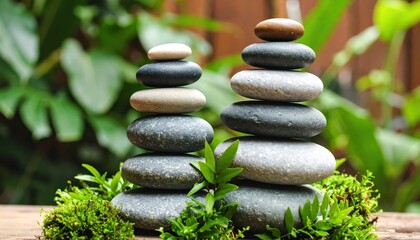 Two balanced stone towers surrounded by lush greenery, evoking tranquility and nature's beauty