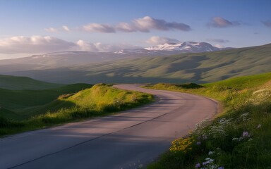 Naklejka premium Scenic Vista: Winding Road Through Rolling Hills and Snow-Capped Mountains