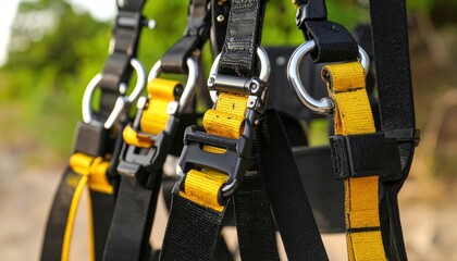 Close-up of black and yellow harness straps secured with metal buckles against a natural backdrop