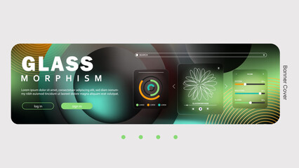 Glass Morphism Website Banner with Interactive Elements Design