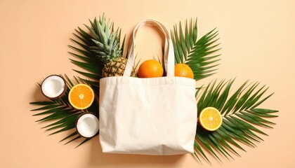 A canvas bag filled with oranges and a pineapple, surrounded by palm leaves and coconuts on a peach background