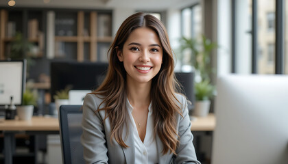 "Young woman with brown hair in a casual outfit working on a laptop at a desk in a cozy study with bookshelves in the background 32K Revolution 