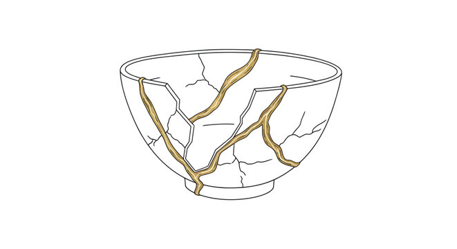 kintsugi bowl, white ceramic, gold repair, minimalist clip art preview