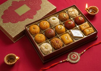 A decorative box filled with assorted Indian sweets, surrounded by traditional oil lamps and a colorful rakhi. The background is red, symbolizing festivity.