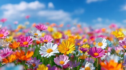 Obraz premium 色とりどりの花が咲く春の野原
