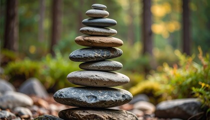 Balanced stone tower in serene forest setting with blurred greenery in the background