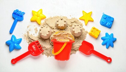 Colorful beach toys arranged around a bucket of sand, evoking childhood fun and creativity