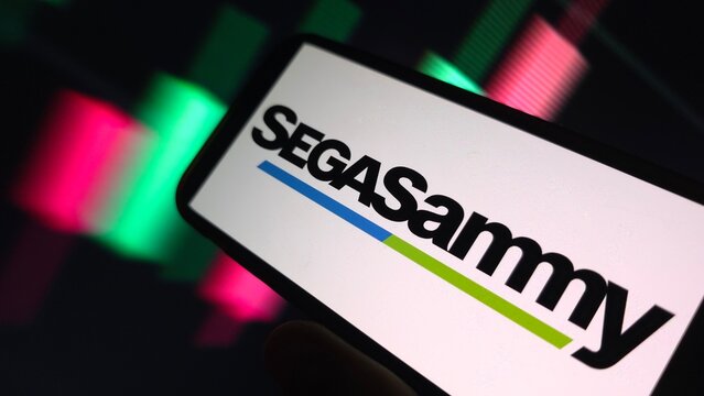 Konskie, Poland - May 03, 2025: Sega Sammy Holdings company logo displayed on mobile phone