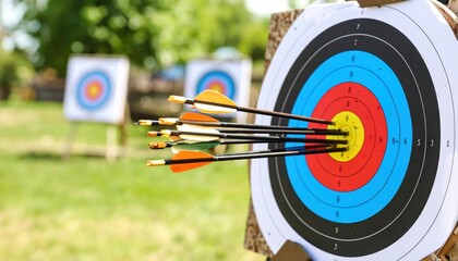 Archery practice in a lush green field with multiple targets and arrows hitting the bullseye