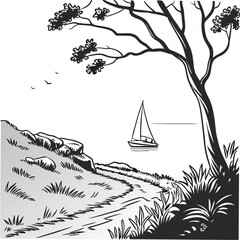 Tropical island landscape with a single tree and sailboat on the ocean