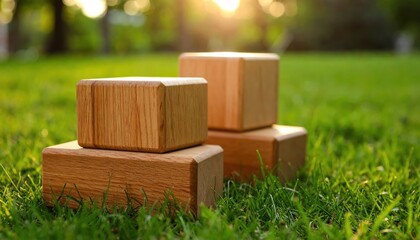 Wooden blocks arranged on lush green grass during sunset, creating a serene outdoor scene