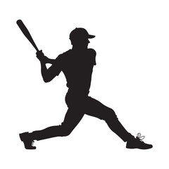 A black silhouette of a baseball player swinging a bat with power,