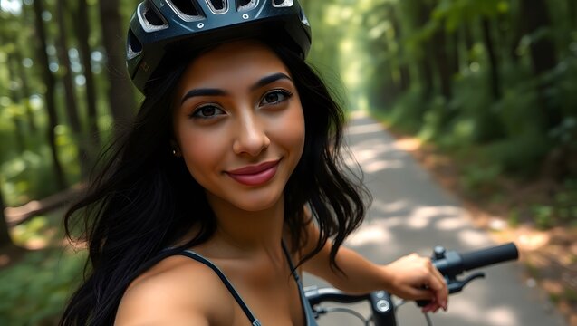 Smiling young woman in helmet enjoying riding bicycle on forest road, biking outdoor adventure