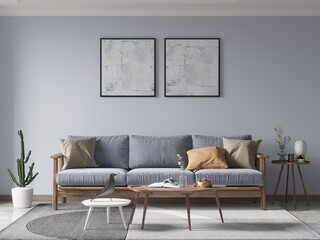 Mock up of an exclusive living room with an original comfortable sofa and a stylish decorative background, 3D rendering.