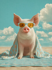 Pig enjoys blue light therapy with sunglasses on beach towel under sunny sky