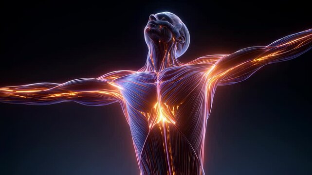 Glowing muscle fibers highlight the stretching of a male figure, showcasing the interconnectedness of the muscular system in a dynamic anatomical visualization