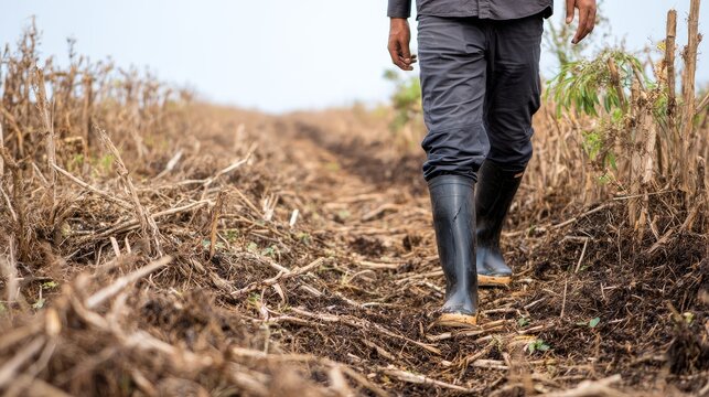 Close up of farmer in black rubber boots cultivating dry land filled with overgrown weeds, representing agricultural work, weed control, and rural land management challenges