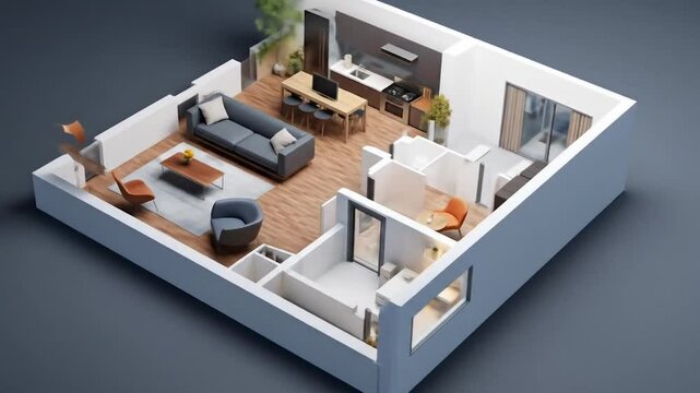 A 3D plan of a house rotating with different rooms, walls, and furniture. Architectural housing layout in isolated isometric perspective on a dark background