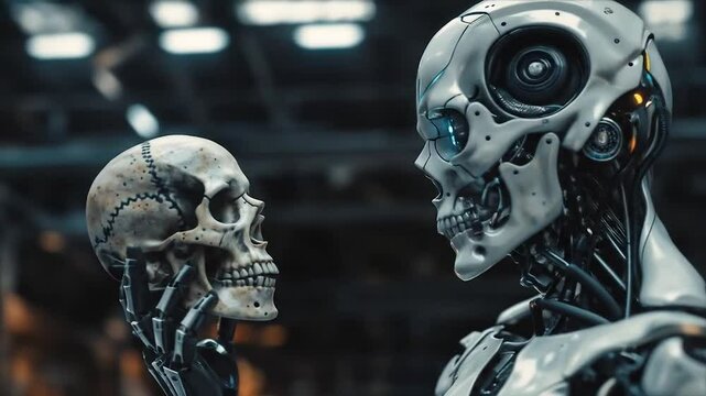 Robotic cyborg entity with AI holding and contemplating human skull. Artificial and organic intelligence together. Exploration of AGI consciousness in technological era and transhumanist philosophy