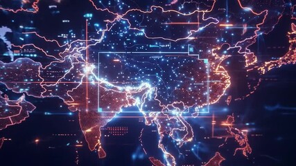 A vibrant holographic representation of a geopolitical map of Asia glows with interconnected data points, illustrating global connectivity and technological integration, and strategic economic warfare