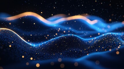 Abstract digital landscape of swirling, undulating, particle formations in deep blue and gold tones