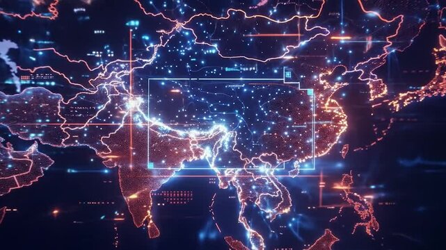 A vibrant holographic representation of a geopolitical map of Asia glows with interconnected data points, illustrating global connectivity and technological integration, and strategic economic warfare
