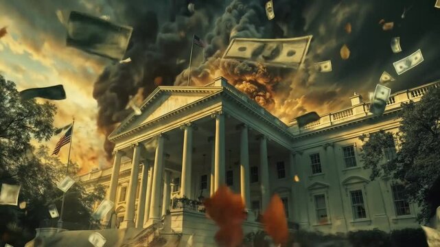 Dramatic scene showing government building engulfed in flames with money bills floating through smoky apocalyptic sky suggesting financial crisis and economic collapse
