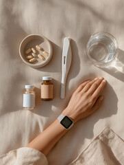 Health tracking tools arranged on a soft surface with a hand, medication, and a glass of water