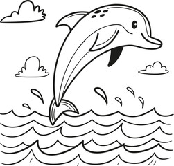 Cartoon vector illustration of a cute marine dolphin jumping out of the ocean water, embodying the joyous wild aquatic life