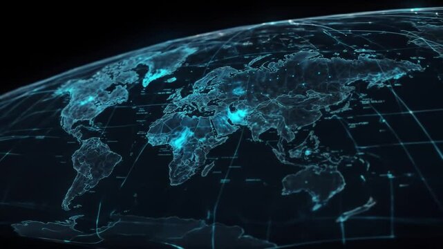 holographic 3d futuristic circular world map with continents outlined by blue light and isolated on a black screen background with coordinate data. Geopolitics and global planning background animation - Powered by Adobe