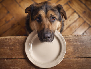 Home setting with a dog holding an empty plate, expressing anticipation for food during meal time