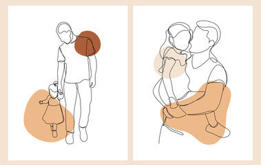 Set of Continuous One Line Art Drawing. Happy young father with little daughter. Daddy and daughter in continuous line art. Vector Illustration.