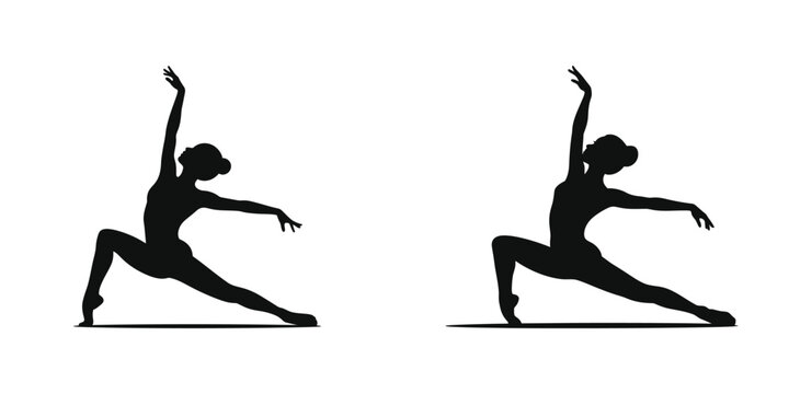 Grand Jeté split leap dance pose, two black silhouette images of ballet dancers in dynamic poses, showcasing flexibility and athleticism against a plain white background.