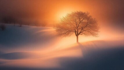Solitary tree silhouetted against a vibrant winter sunset, shrouded in mist - Powered by Adobe