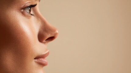 Fototapeta premium Close-up side profile of beautiful face with smooth skin and perfect nose shape, ideal for cosmetic advertising. Soft beige background creates elegant atmosphere.