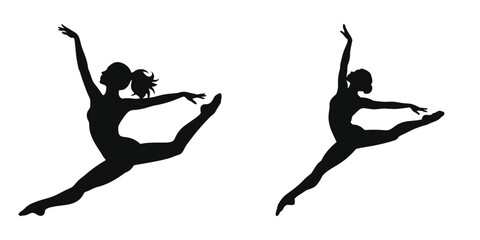 Grand Jeté split leap dance pose, two dynamic ballerina silhouettes in mid-air leaps, showcasing athleticism and elegance. © Parvez