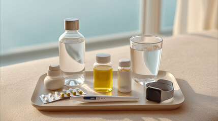 Health tracking essentials with preventive medicine tools arranged on a tray by the window in a bright setting
