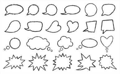 Brush hand drawn speech bubbles set. Rough grungy textured uneven messy outline stroke edge. Talking, speaking, screaming, laughing, thinking, dreaming cloud linear grunge shapes collection.