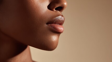 Close-up side profile of beautiful face with smooth skin and perfect nose shape, ideal for cosmetic advertising. Soft beige background creates elegant atmosphere.