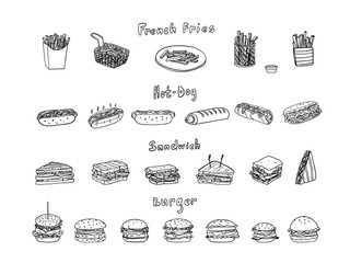 Set of hot dogs, sandwiches, cheeseburgers, hamburgers and french fries in doodle style. French hot dog. Fast food. Street food. Unhealthy food. Great for menu design. Hand drawn