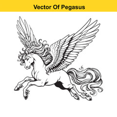 Fototapeta premium Black and White Line Art of a Majestic Pegasus with Wings for Easy Tracing