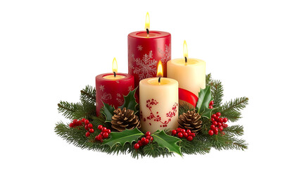 Festive Christmas Candles Holly Berries Pine Cones Winter Decor,