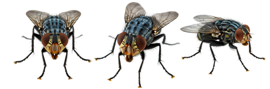 Houseflies Close Up Collection On Isolated Transparent Background

