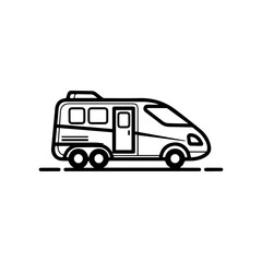 A black and white line drawing of a recreational vehicle RV on a line