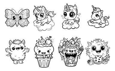 A black and white line art illustration shows cute creatures and desserts in cartoon style