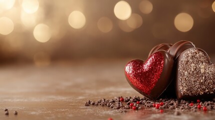 An arrangement of chocolate hearts with glittering surfaces, epitomizing sweetness and romance, perfect for special occasions or heartfelt gifts to express love and affection.