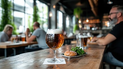 A refreshing beverage paired with a delicious snack in a lively modern bar setting, evoking the essence of social gatherings and enjoyable experiences in urban nightlife.