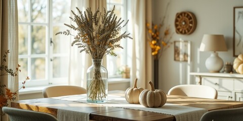 Fototapeta premium Warm Fall Interior with Linen Curtains & Pumpkins