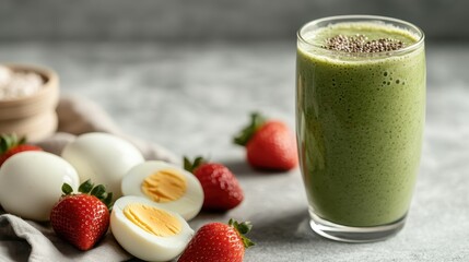 A vibrant green smoothie is paired with eggs and strawberries on a textured surface, representing a wholesome and nutritious breakfast packed with flavors and health benefits.