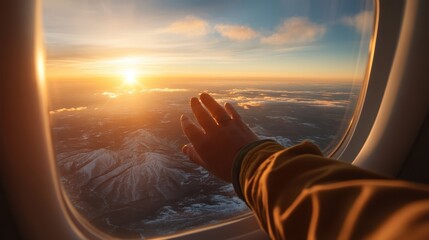 A serene moment captured from an airplane window as the sun sets over a breathtaking landscape, highlighting a sense of adventure and reflection on travels.